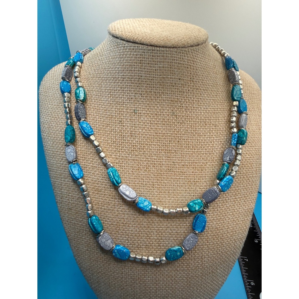 Splash Line Blue‎ Turquoise Grey Marbled Beaded Necklace Silver Tone 36 Inch